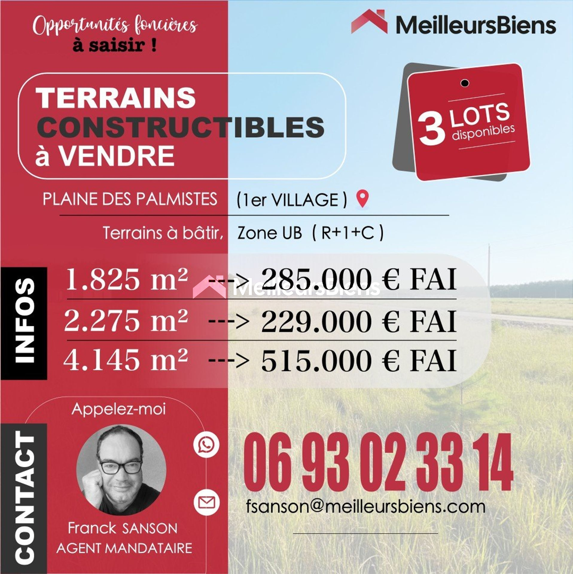 Terrain plat constructible de 4145 m²(zone Ub, cos 0,50), idéalement situé au 1er village . Plaine des Palmistes. 125€.m²